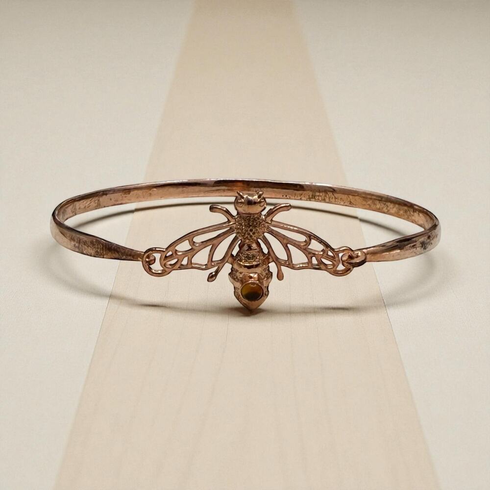 Copper Bee Hook Bracelet Genuine Amber Accent Handmade Artisan Bangle - Picture 3 of 7